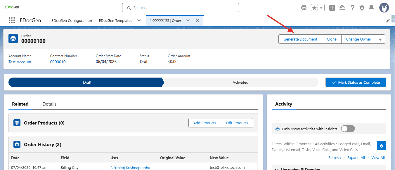 Generate Document on the record detail page